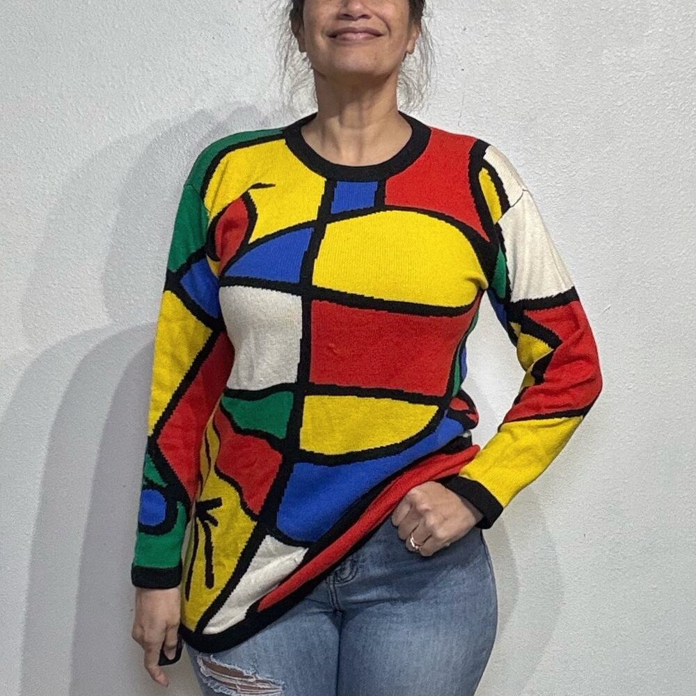 Adrienne Vittadini White Multicolor Geometric Abstract Knit Sweater Sz S NWT
